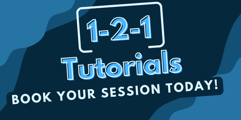 Banner made up of three shades of blue, with the wording 1-2-1 Tutorials, Book your session today.